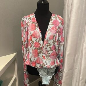 Free People Floral Blouse - Pink and White